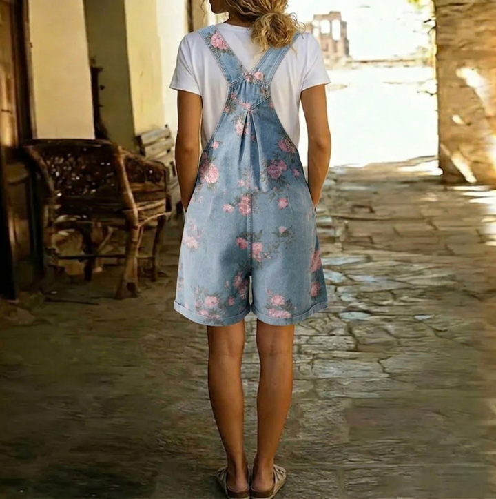 Judy | Salopette Florale en Denim Délavé Vintage Douceur Coton
