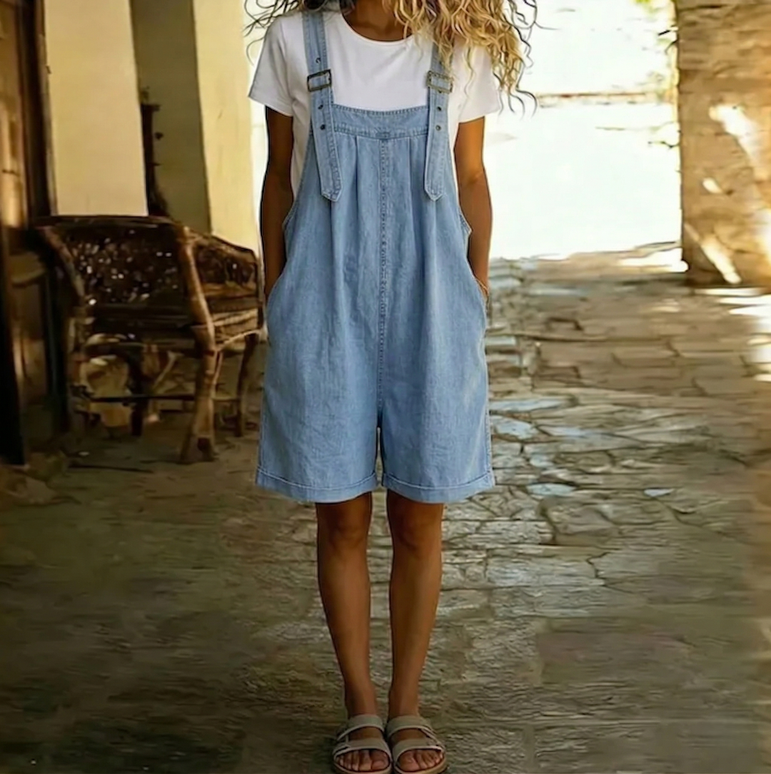Clara | Salopette en Denim Coton Doux Effet Vintage Délavé Bleu Clair