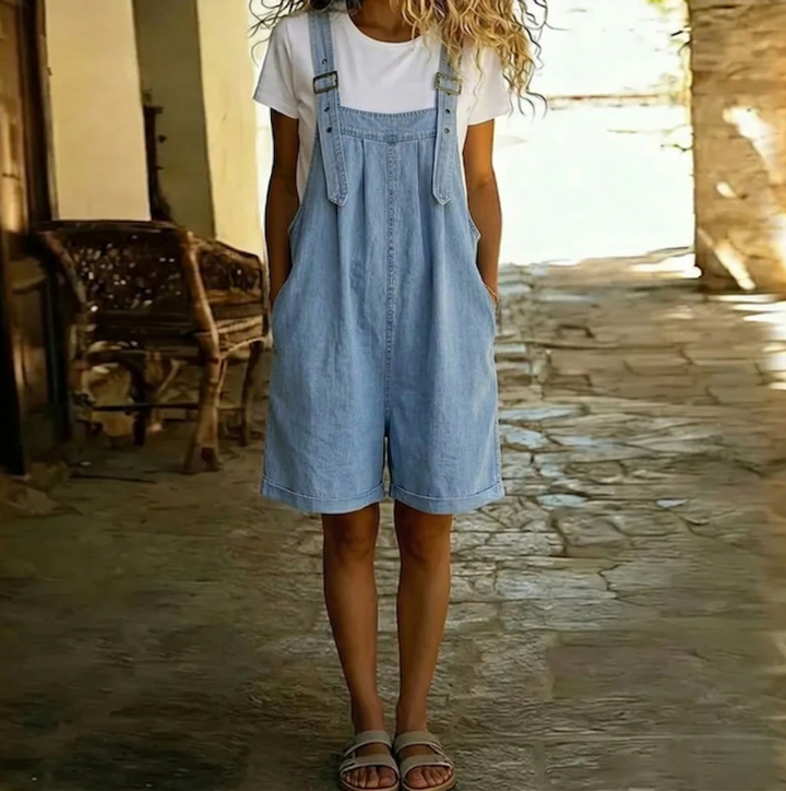 Clara | Salopette en Denim Coton Doux Effet Vintage Délavé Bleu Clair