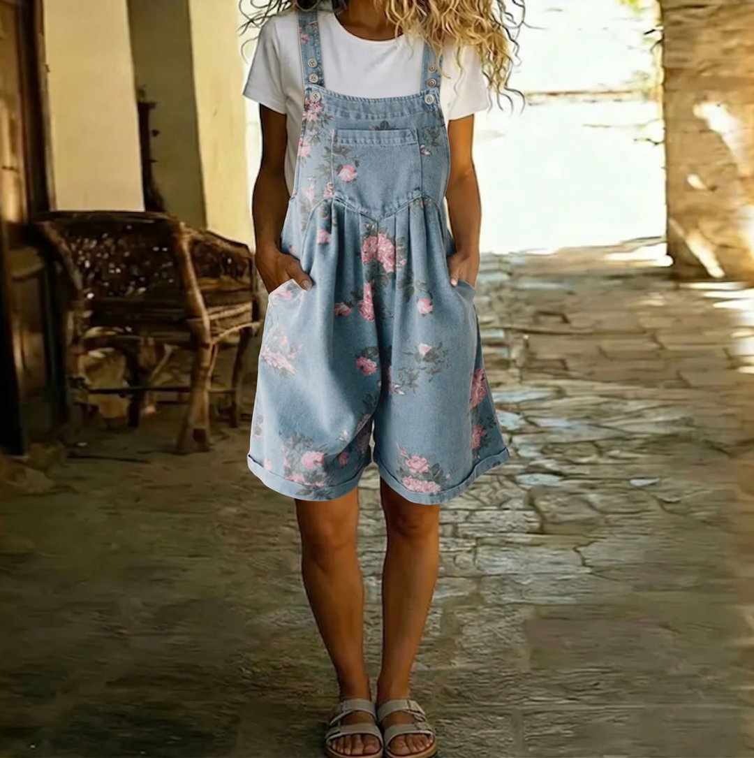 Judy | Salopette Florale en Denim Délavé Vintage Douceur Coton