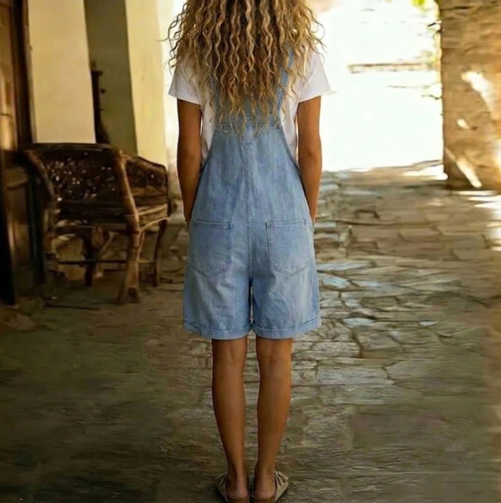 Clara | Salopette en Denim Coton Doux Effet Vintage Délavé Bleu Clair