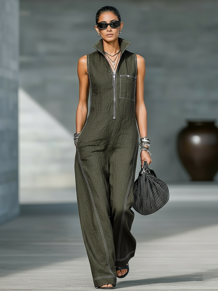 Combinaison minimaliste sans manches pour femme avec détails blancs
