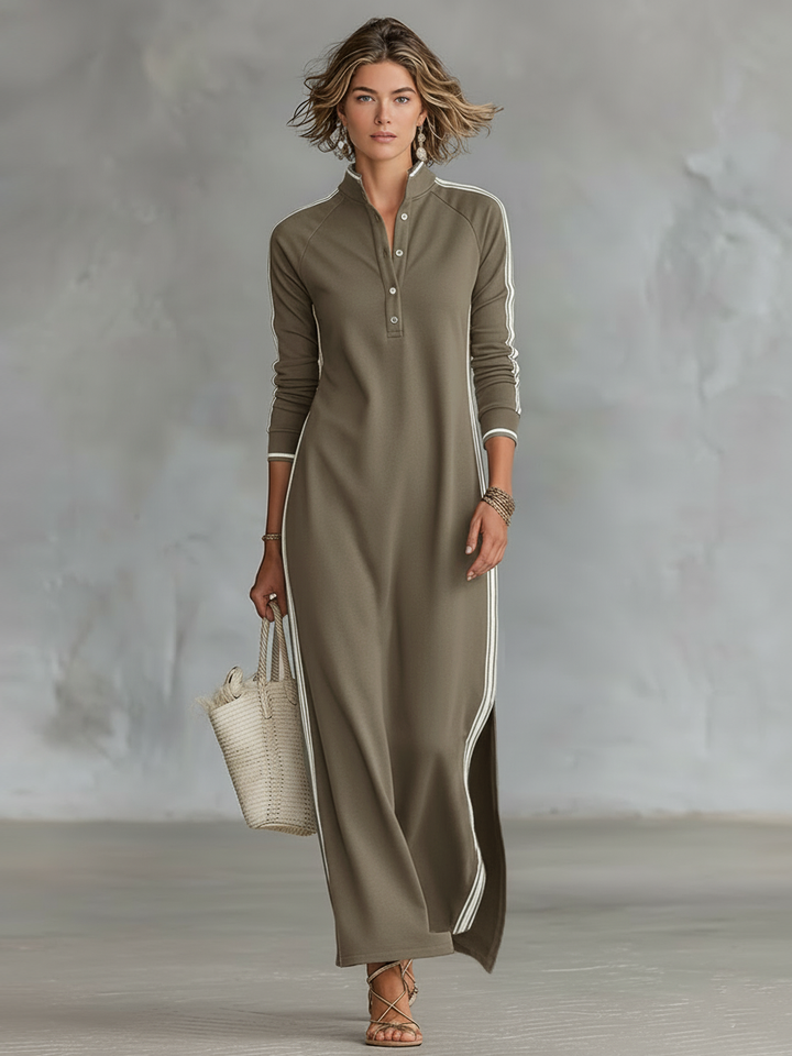 Elena - Robe Maxi en Molleton à Col Boutonné