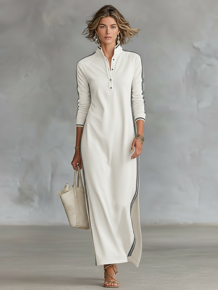 Elena - Robe Maxi en Molleton à Col Boutonné