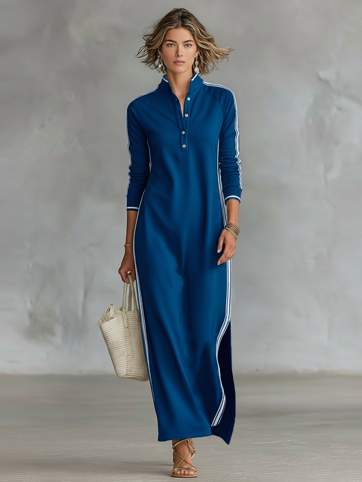Elena - Robe Maxi en Molleton à Col Boutonné