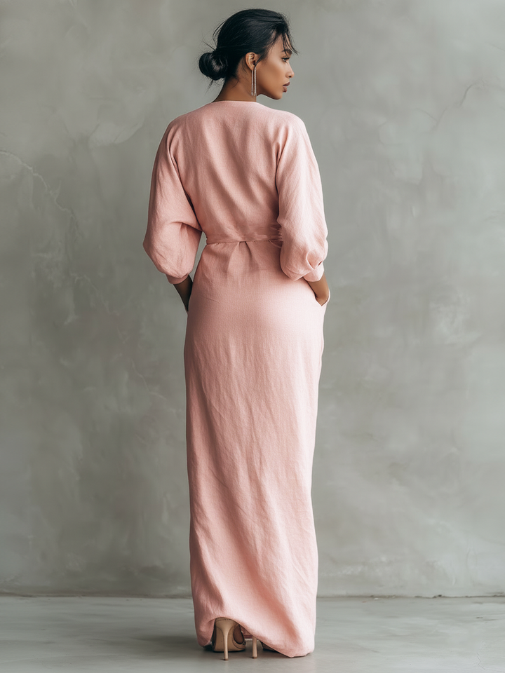 Eleonora - Robe Maxi en Lin Rose à Décolleté en V