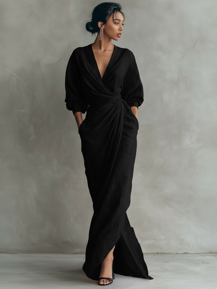 Eleonora - Robe Maxi en Lin Rose à Décolleté en V