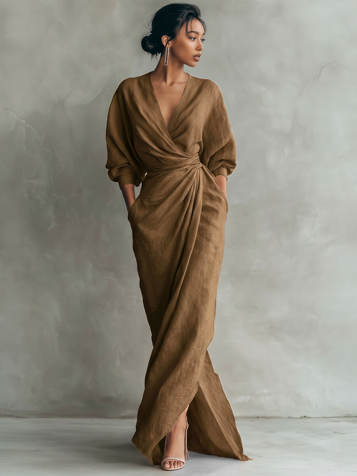 Eleonora - Robe Maxi en Lin Rose à Décolleté en V