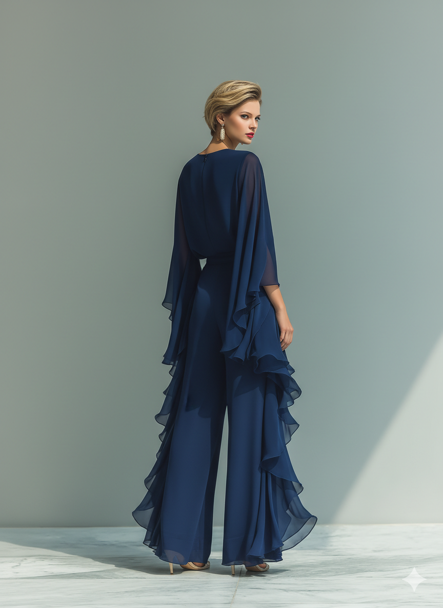Margherita - Ensemble en Mousseline Bleu Marine à Manches Cloche et Volants