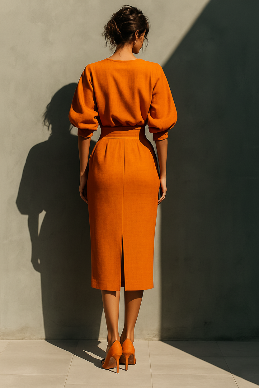 Ensemble Haut Orange Manches Mi-Longues et Jupe Midi
