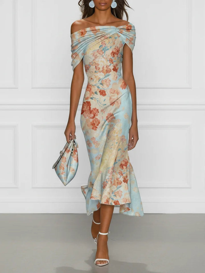 Vittoria | Robe Midi Sirène Sans Manches Épaules Dénudées à Motif Floral Bleu