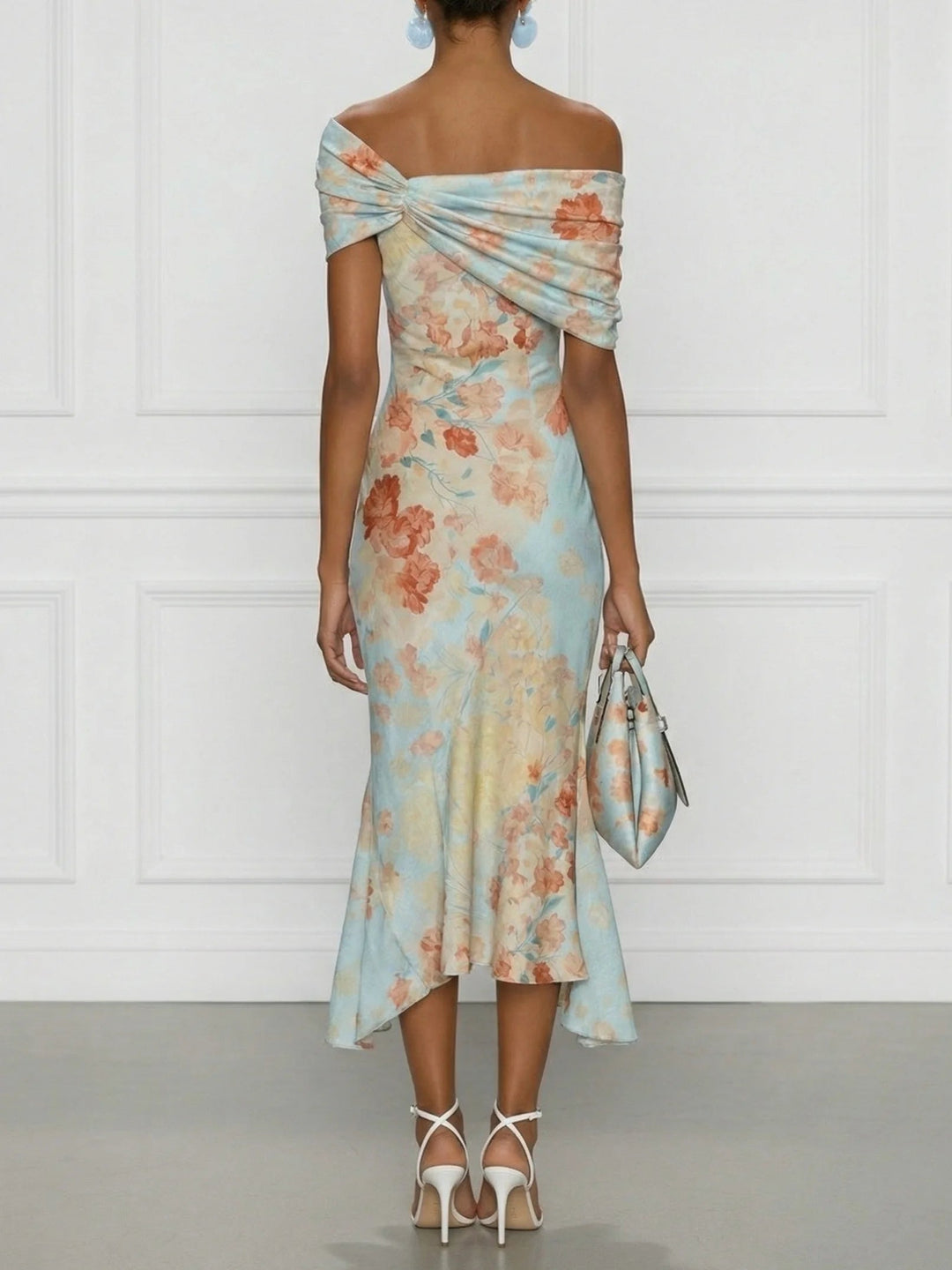Vittoria | Robe Midi Sirène Sans Manches Épaules Dénudées à Motif Floral Bleu