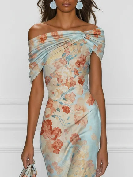 Vittoria | Robe Midi Sirène Sans Manches Épaules Dénudées à Motif Floral Bleu