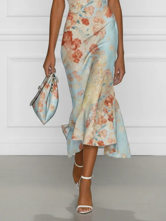 Vittoria | Robe Midi Sirène Sans Manches Épaules Dénudées à Motif Floral Bleu