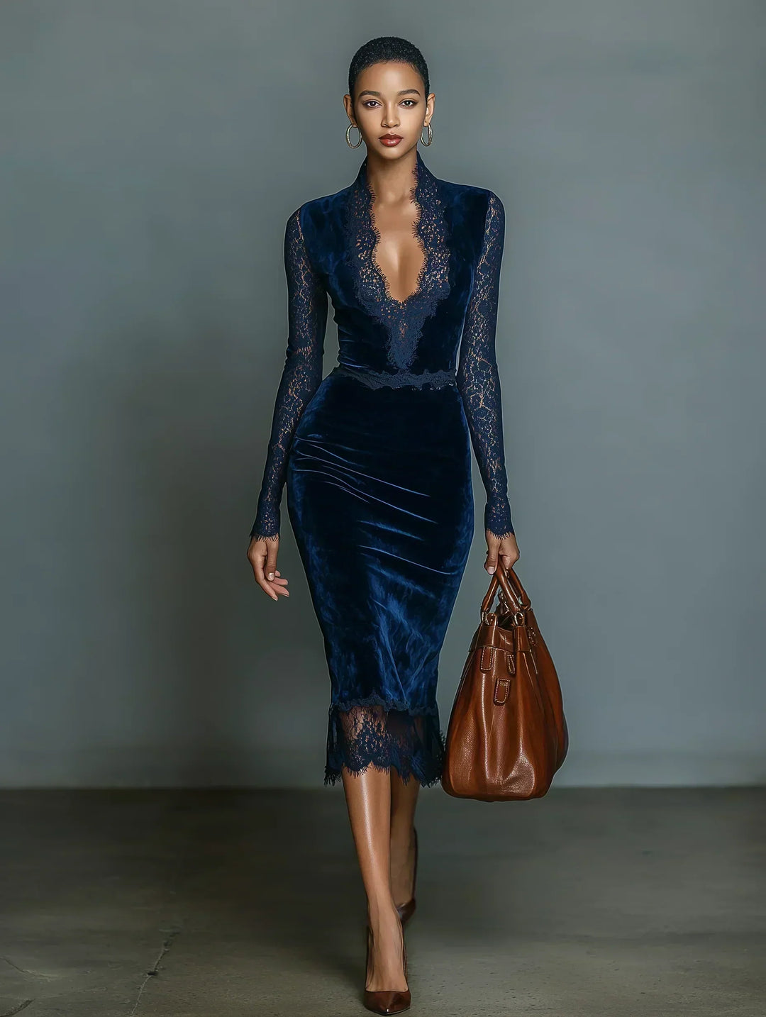 Élégante robe midi tendance en velours bleu marine, coupe ajustée, col V et manches en dentelle