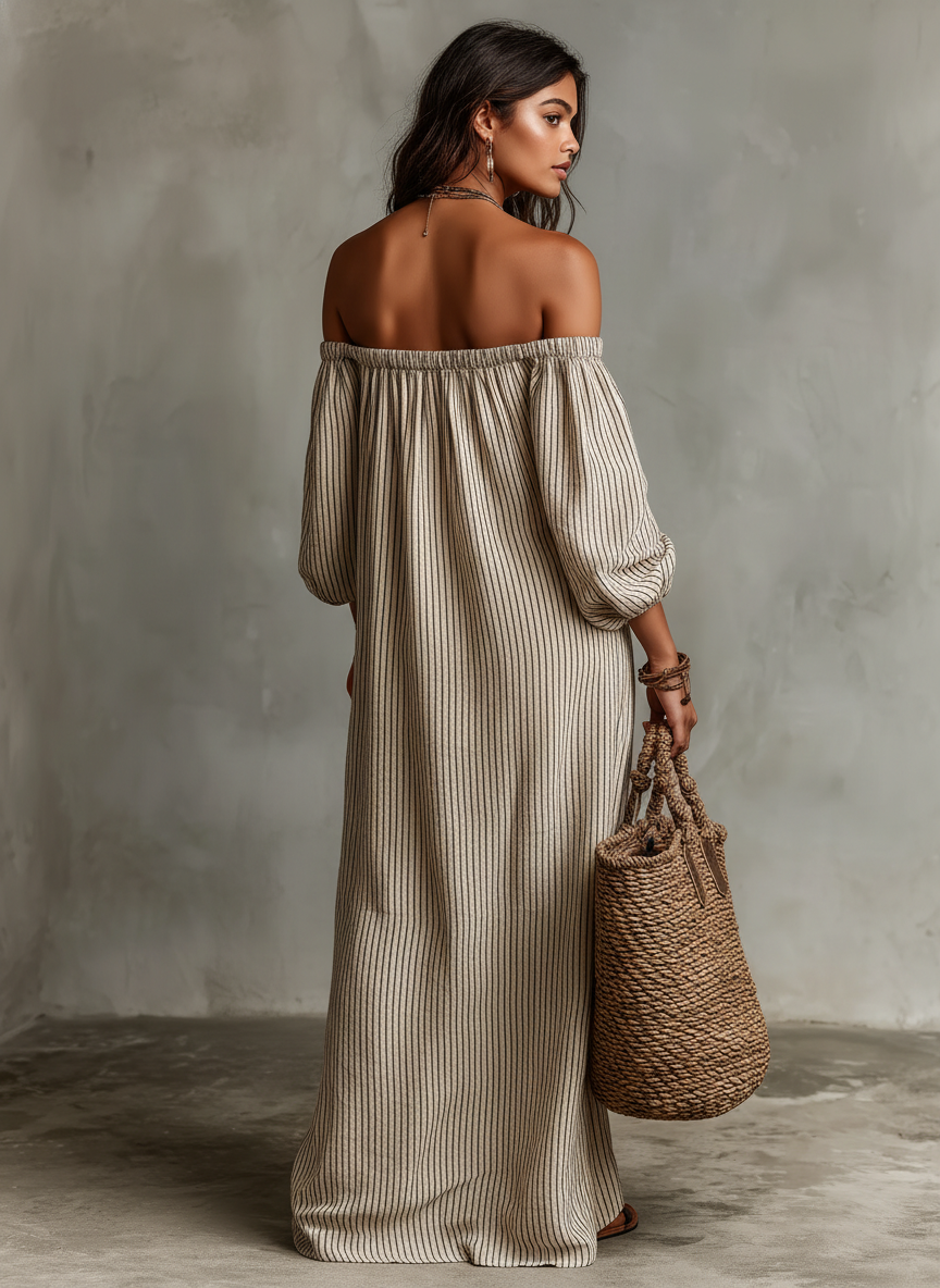 Carmen | Robe Longue en Coton et Lin, Épaules Dénudées