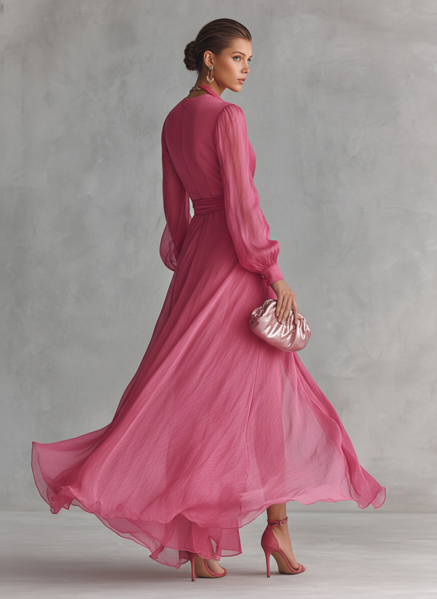 Noemi - Robe Longue en Mousseline Perlée à Décolleté en V