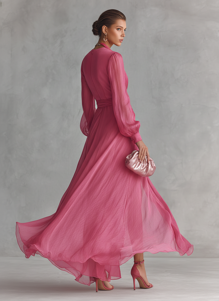 Noemi - Robe Longue en Mousseline Perlée à Décolleté en V