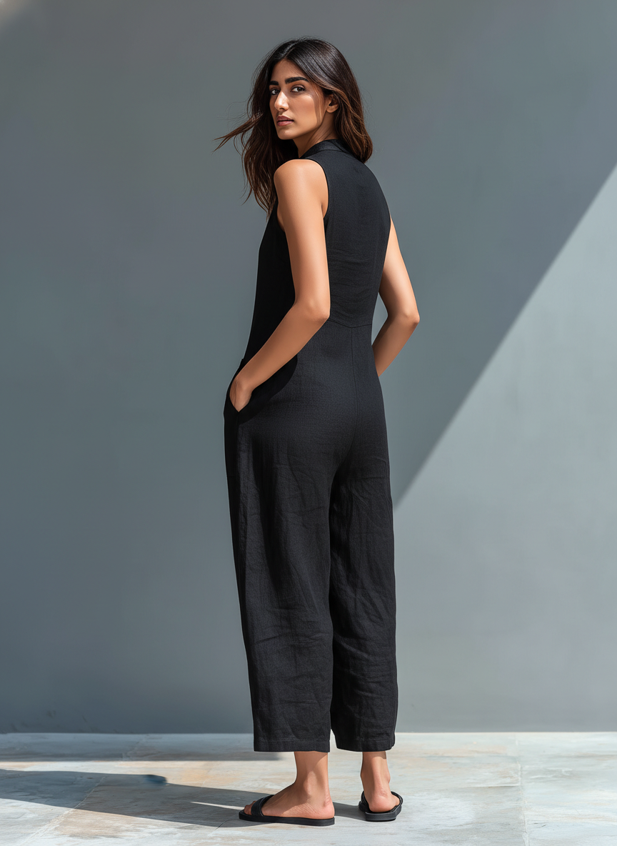Combinaison Sans Manches Col Haut et Boutons pour Femme