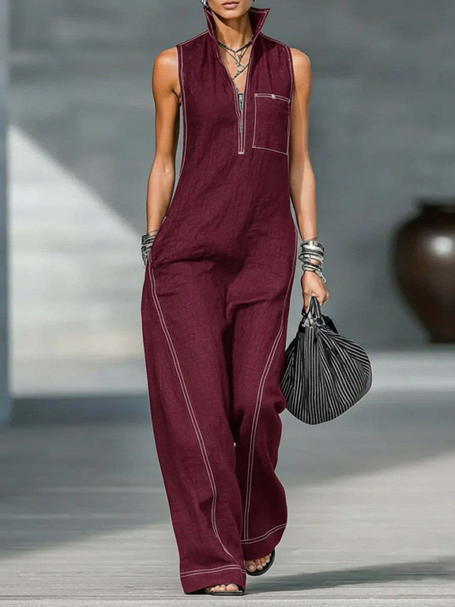 Combinaison minimaliste sans manches pour femme avec détails blancs
