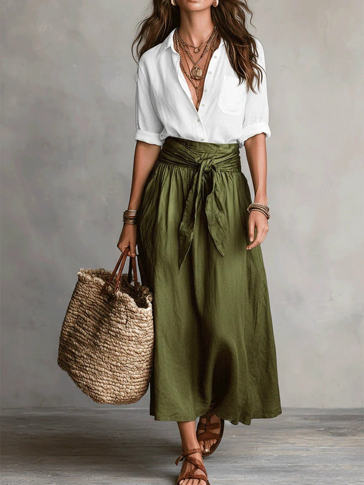 Vera™ | Ensemble Deux Pièces : Top Noir et Jupe Midi Vert Olive