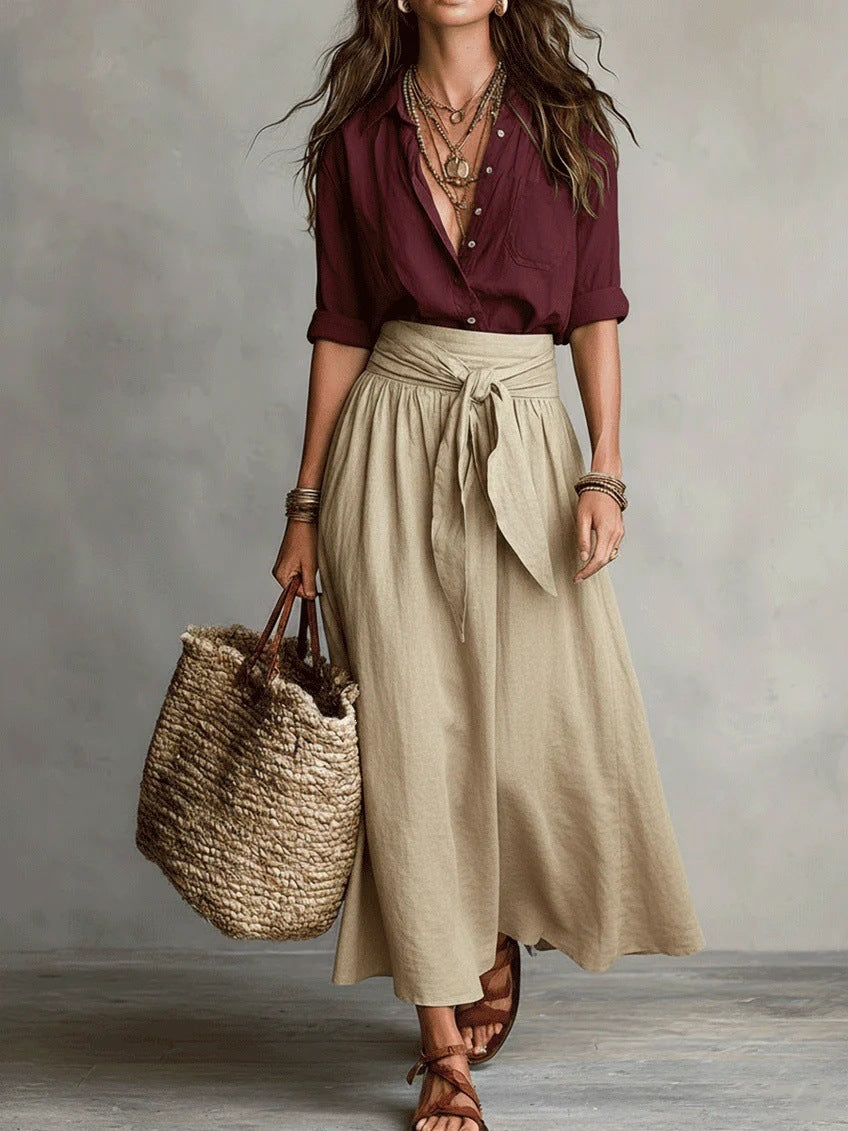 Vera™ | Ensemble Deux Pièces : Top Noir et Jupe Midi Vert Olive
