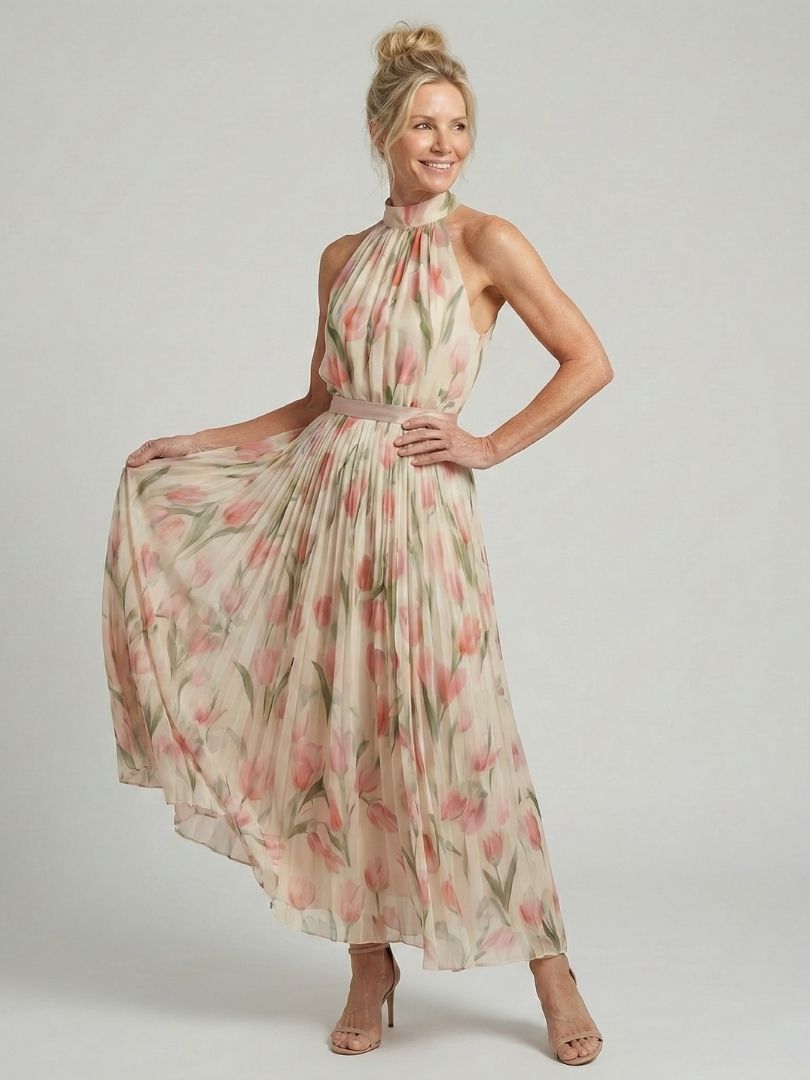 Aurelle | Robe Midi Halter à Imprimé Floral