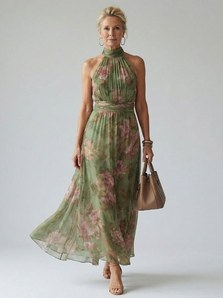 Mirelle | Robe Midi Halter Froncée à Imprimé Floral
