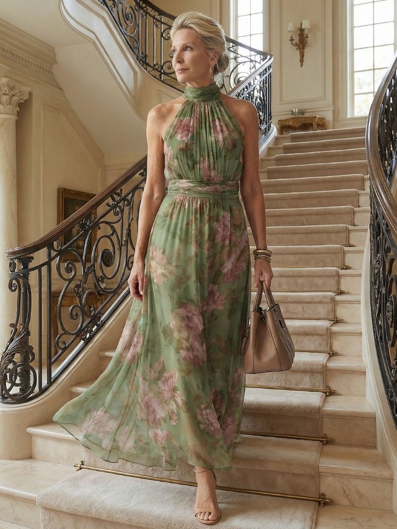 Mirelle | Robe Midi Halter Froncée à Imprimé Floral