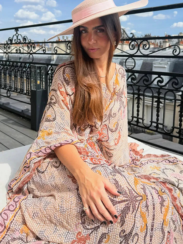 Vivienne | Maxi Robe Imprimée Col en V Manches Chauve-Souris