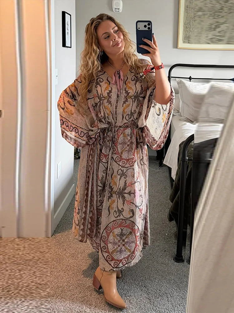 Vivienne | Maxi Robe Imprimée Col en V Manches Chauve-Souris