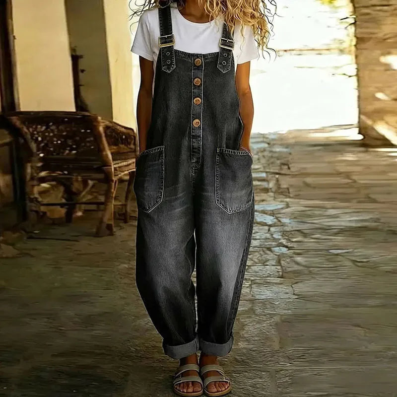 Mae | Salopette en Coton Denim Vintage à Bretelles Réglables