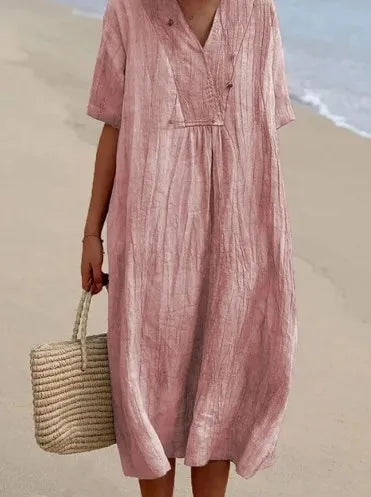 Sandra | Robe décontractée en lin texturé à col en V