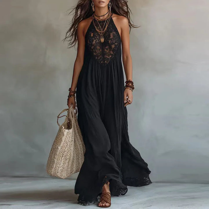 JADE | Robe longue dos nu à col licou avec empiècement en dentelle