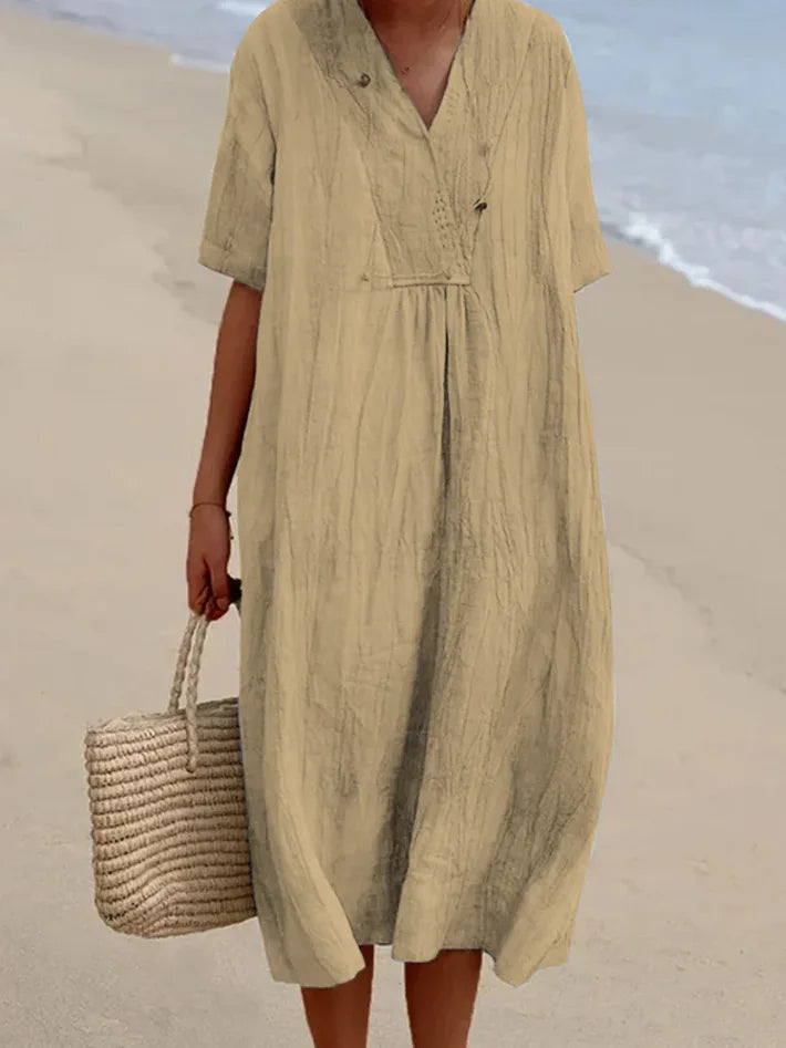Sandra | Robe décontractée en lin texturé à col en V