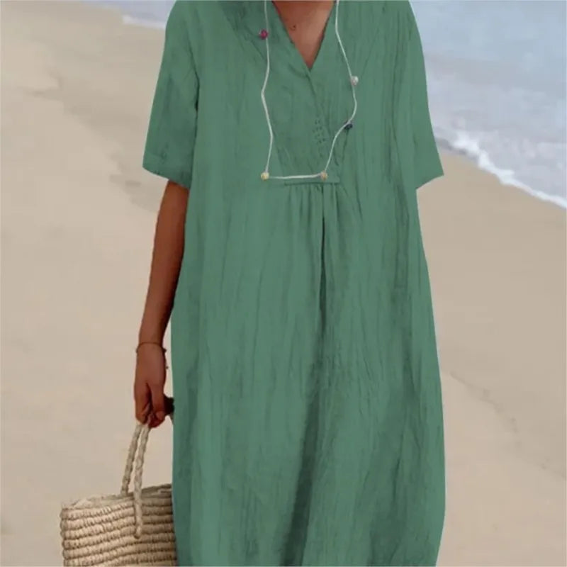 Sandra | Robe décontractée en lin texturé à col en V