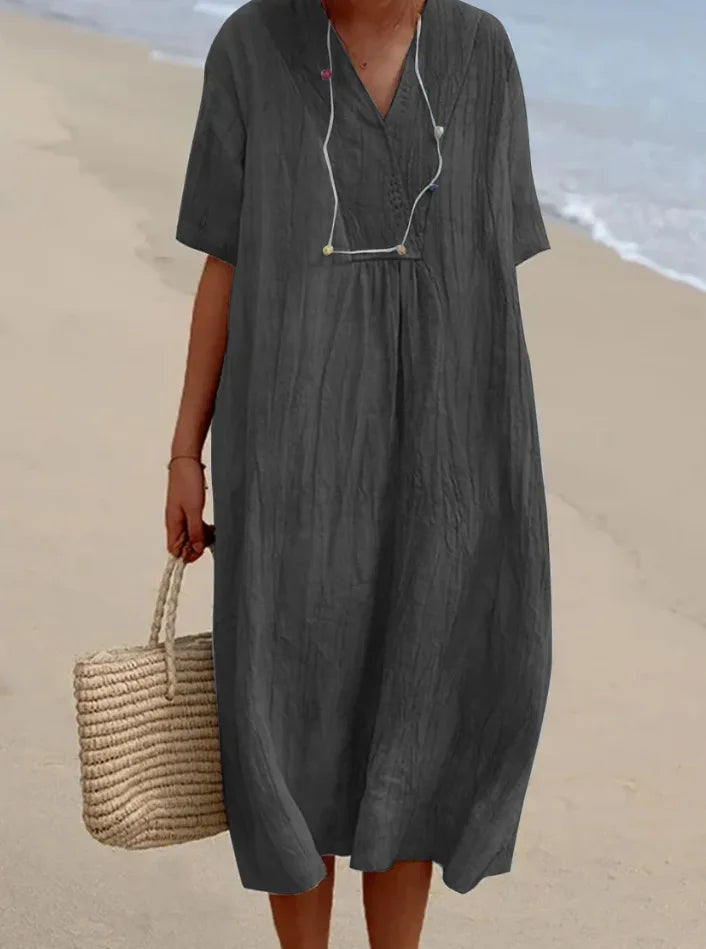 Sandra | Robe décontractée en lin texturé à col en V