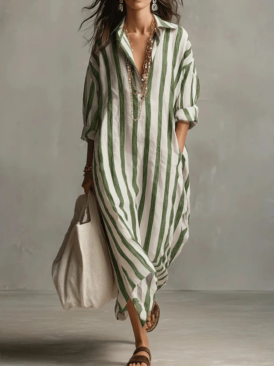 Scout | Maxi Robe Chemise Rayée à Manches Longues et Poches Latérales