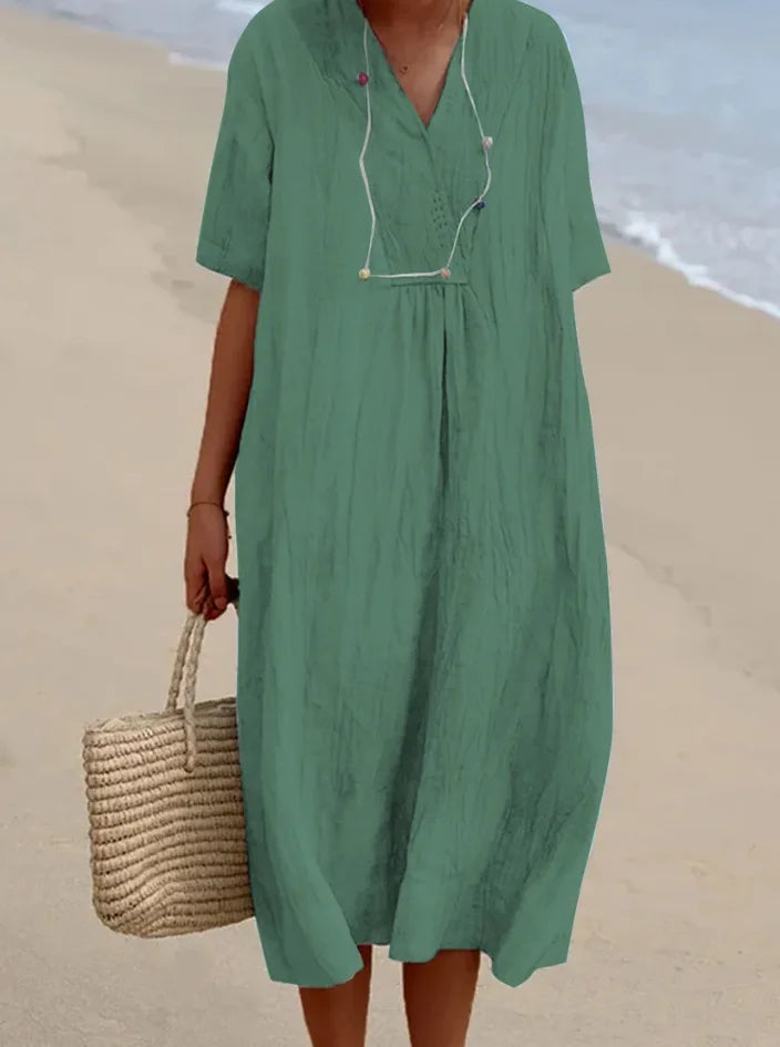 Sandra | Robe décontractée en lin texturé à col en V