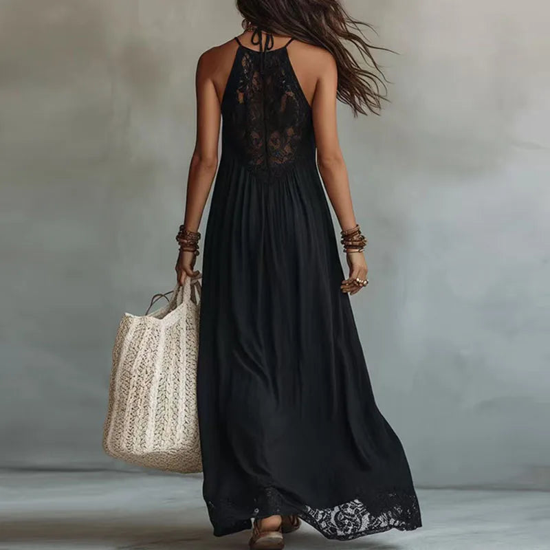 JADE | Robe Longue Col Halter à Empiècement en Dentelle et Dos Nu