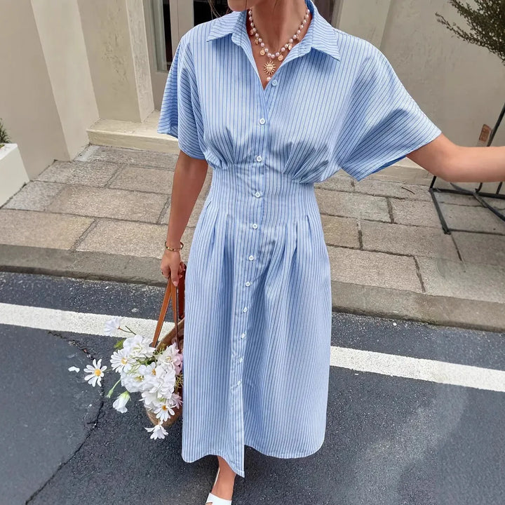 Delphine | Robe Chemise Rayée Taille Plissée