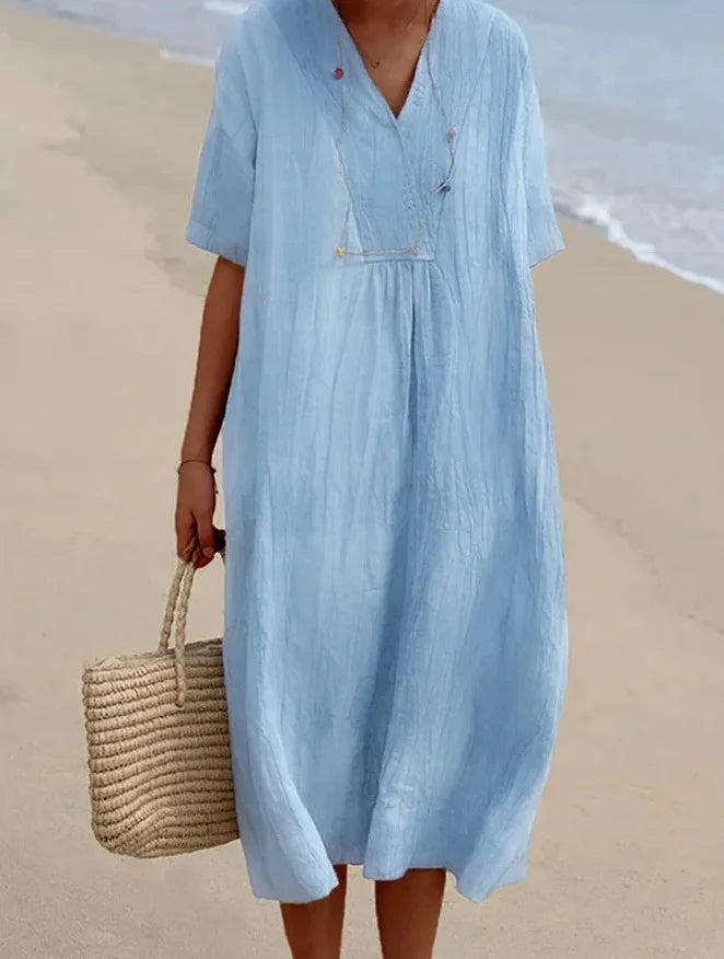 Sandra | Robe décontractée en lin texturé à col en V