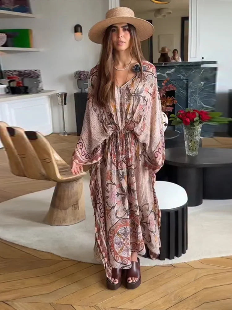 Vivienne | Maxi Robe Imprimée Col en V Manches Chauve-Souris