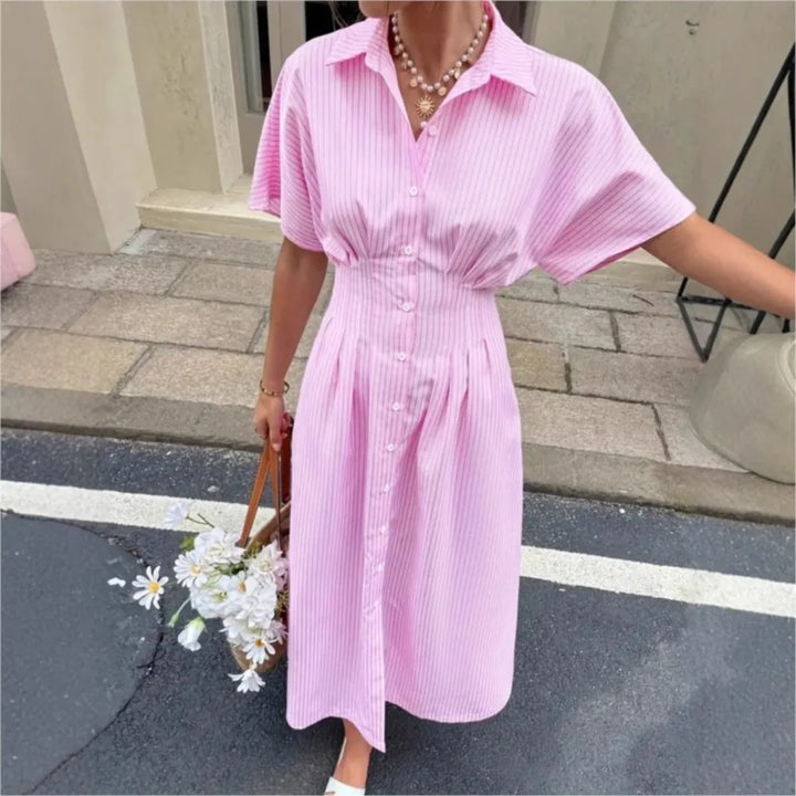 Delphine | Robe Chemise Rayée Taille Plissée
