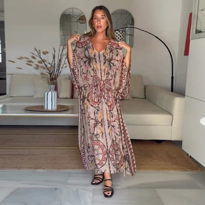 Vivienne | Maxi Robe Imprimée Col en V Manches Chauve-Souris