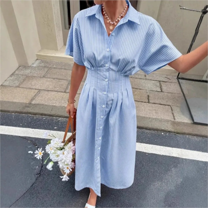 Delphine | Robe Chemise Rayée Taille Plissée