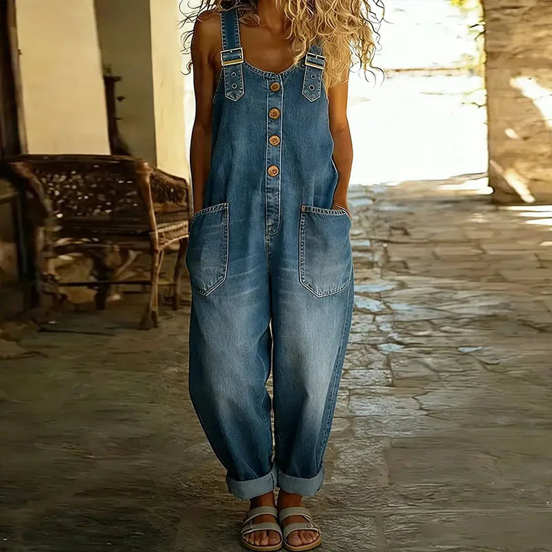 Mae | Salopette en Coton Denim Vintage à Bretelles Réglables