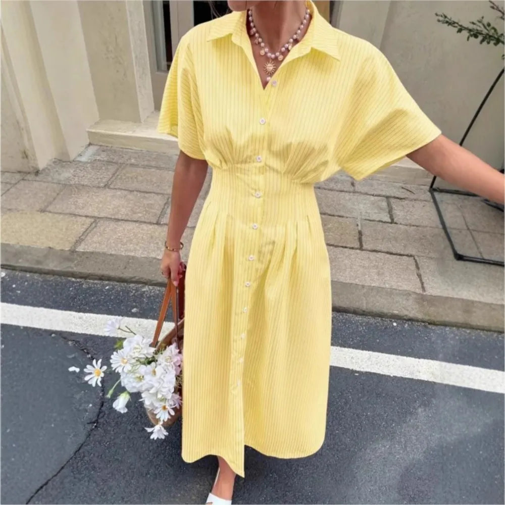 Delphine | Robe Chemise Rayée Taille Plissée