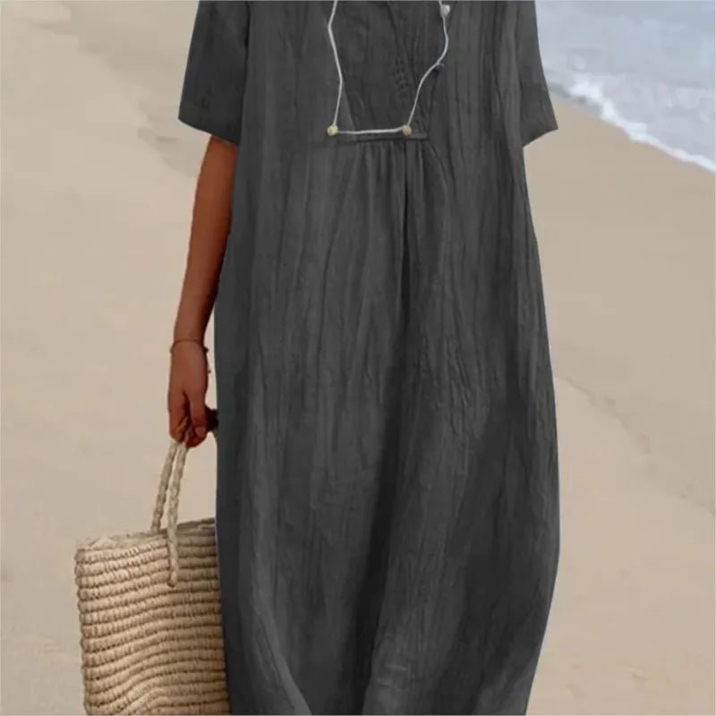 Sandra | Robe décontractée en lin texturé à col en V