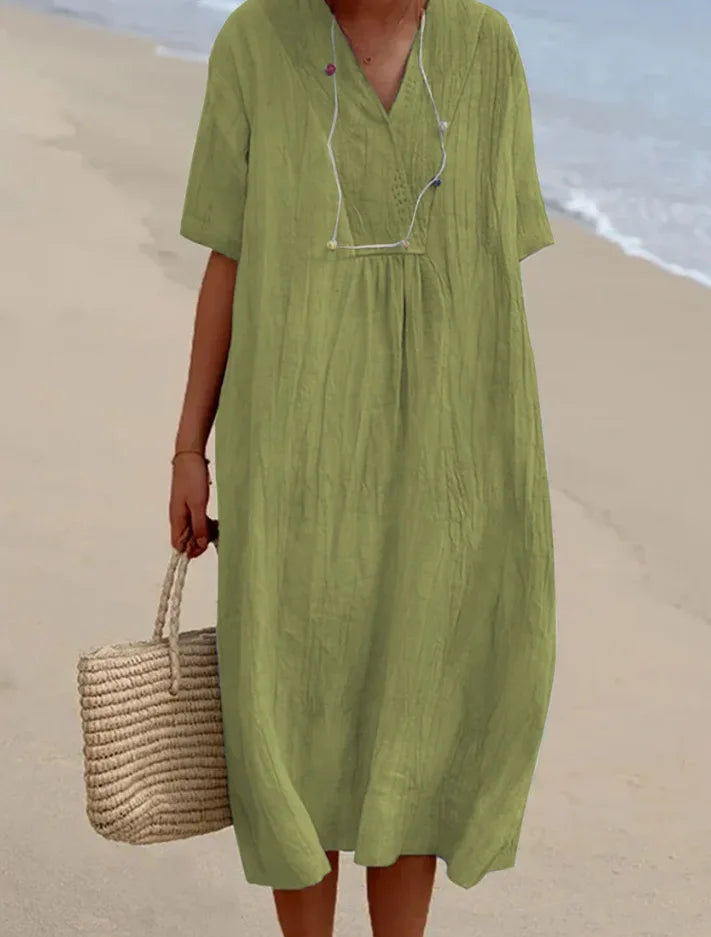 Sandra | Robe décontractée en lin texturé à col en V